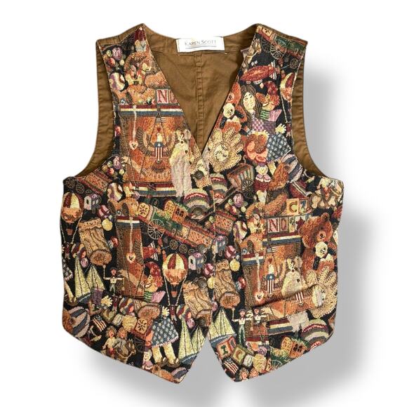 Vintage Karen Scott Tapestry Vest Circus Toys Bears Americana Vneck Size Medium - Picture 1 of 13